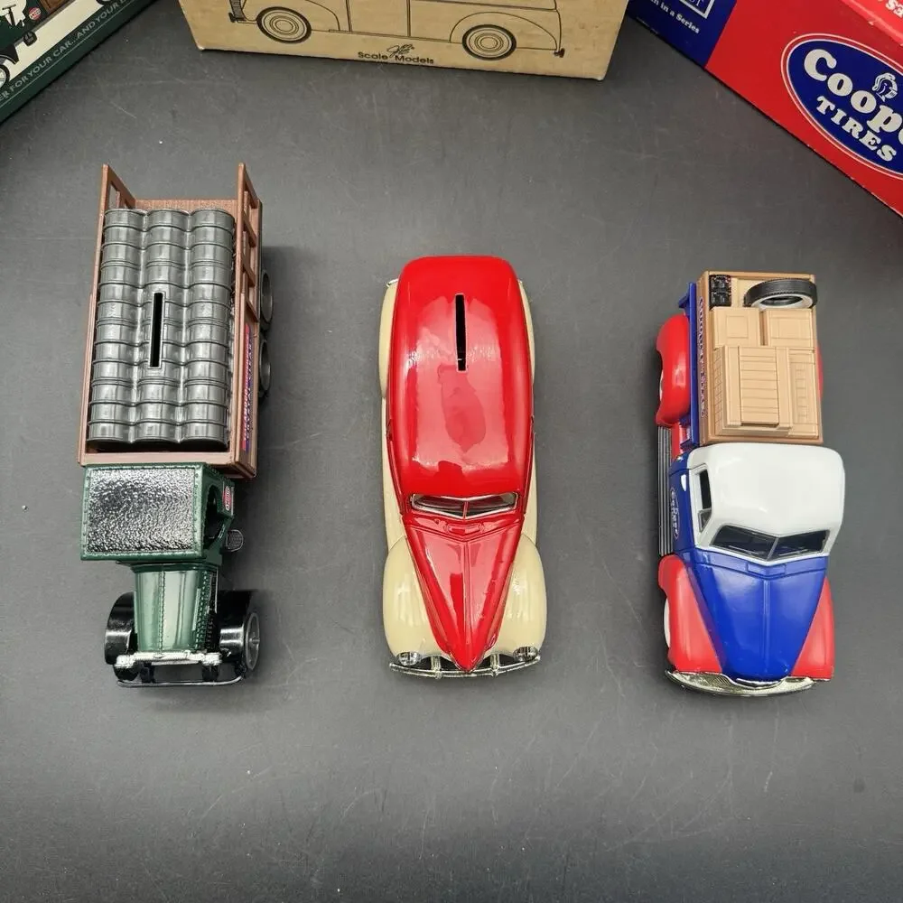 Lot Of 3 Vintage Die Cast Car Piggy Bank ERTL Indian Motorcycle Cooper Tires